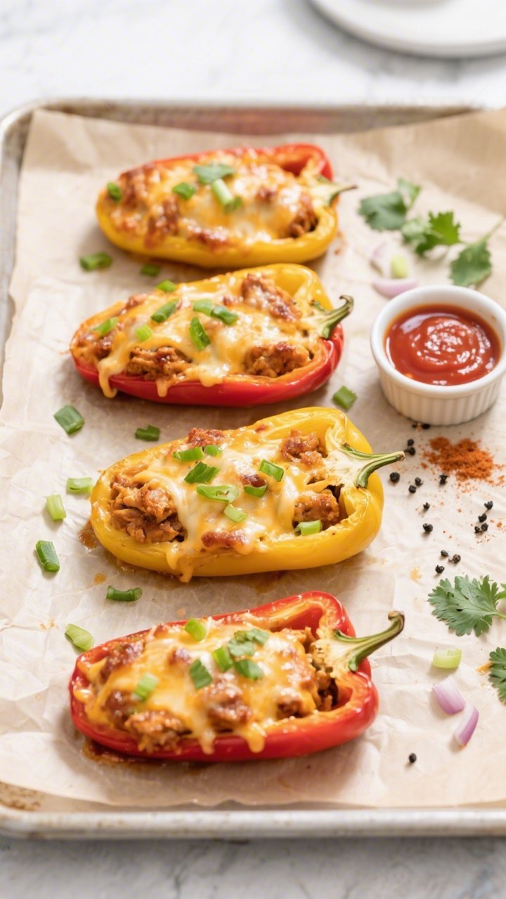 Tasty meal-prep vibe: Overhead shot of a parchment-lined sheet with four neatly arranged Buffalo Chi