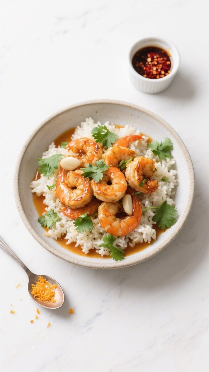 Tasty meal-ready scene: Overhead shot of Keto Orange Garlic Shrimp served over cauliflower rice in a