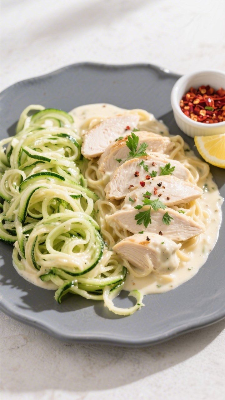 Tasty top-down composition: Overhead shot of zoodles and chicken Alfredo served side-by-side on a la