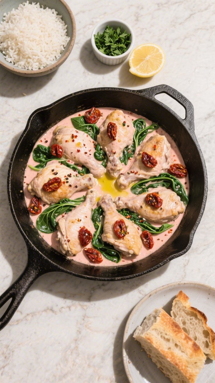 Tasty top-down family-style shot: Overhead view of the finished chicken in a large black cast-iron s