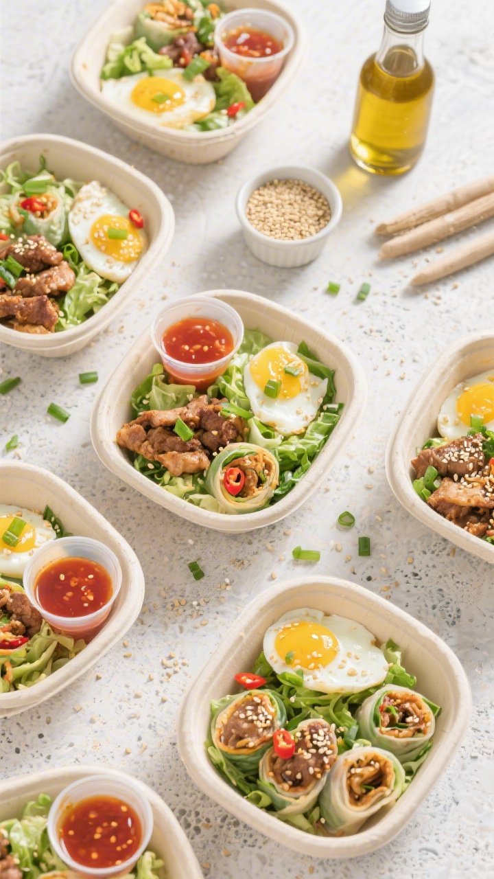 Tasty top-down meal-prep scene: Overhead shot of multiple meal-prep containers filled with the finis