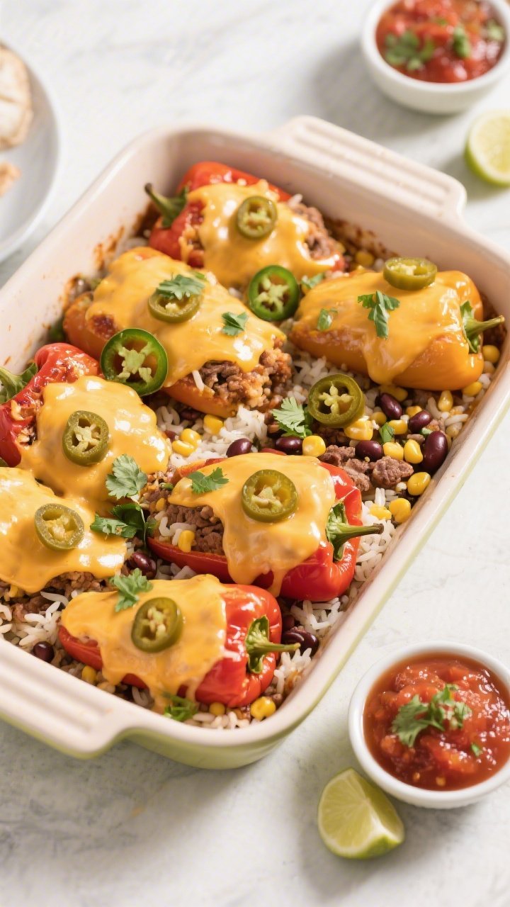 Tasty top-down serving scene: Overhead shot of a casserole dish packed with snugly arranged stuffed 