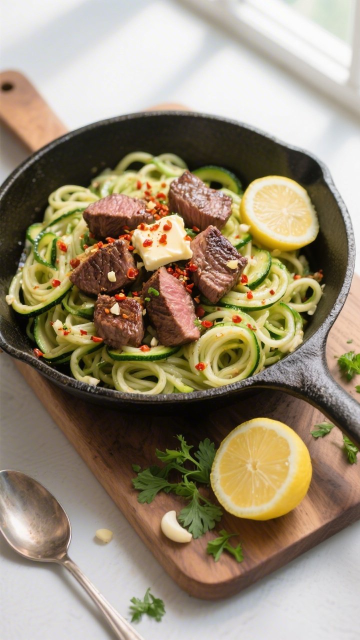 Tasty top-down shot: Overhead view of a skillet-to-table presentation—zucchini noodles just-tossed