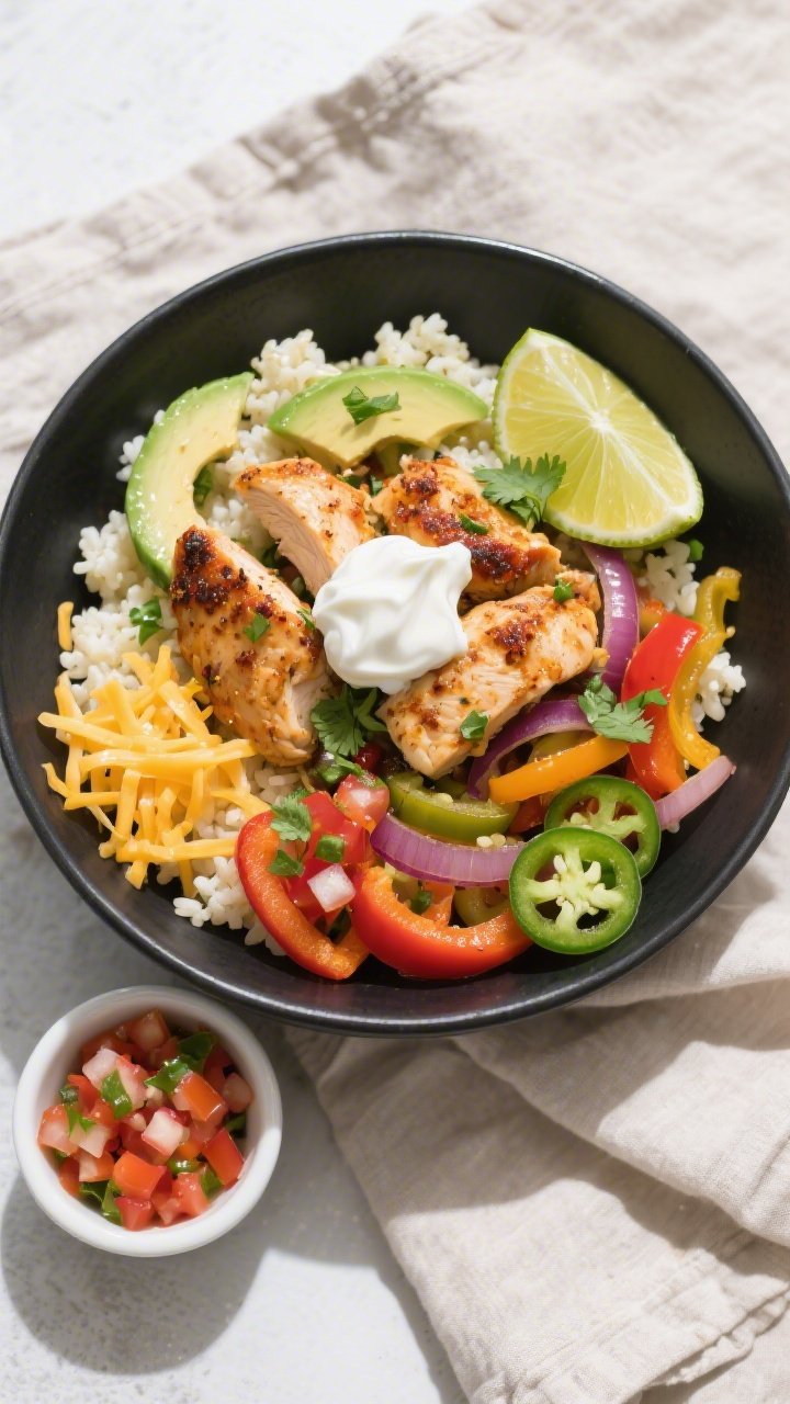 Tasty top view, assembled bowl: Overhead shot of a Keto Chicken Fajita Bowl on a matte black bowl ov