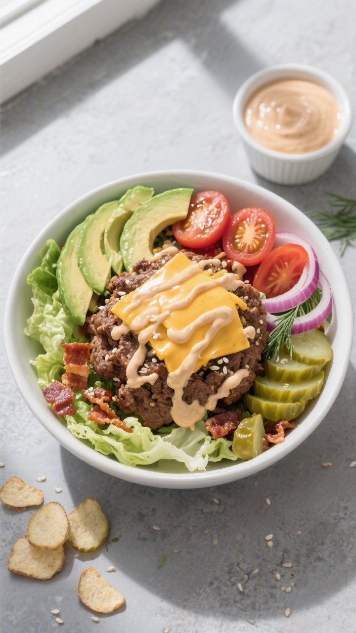 Tasty top view – assembled Keto Avocado Burger Bowl: Overhead shot of a generous bowl layered with