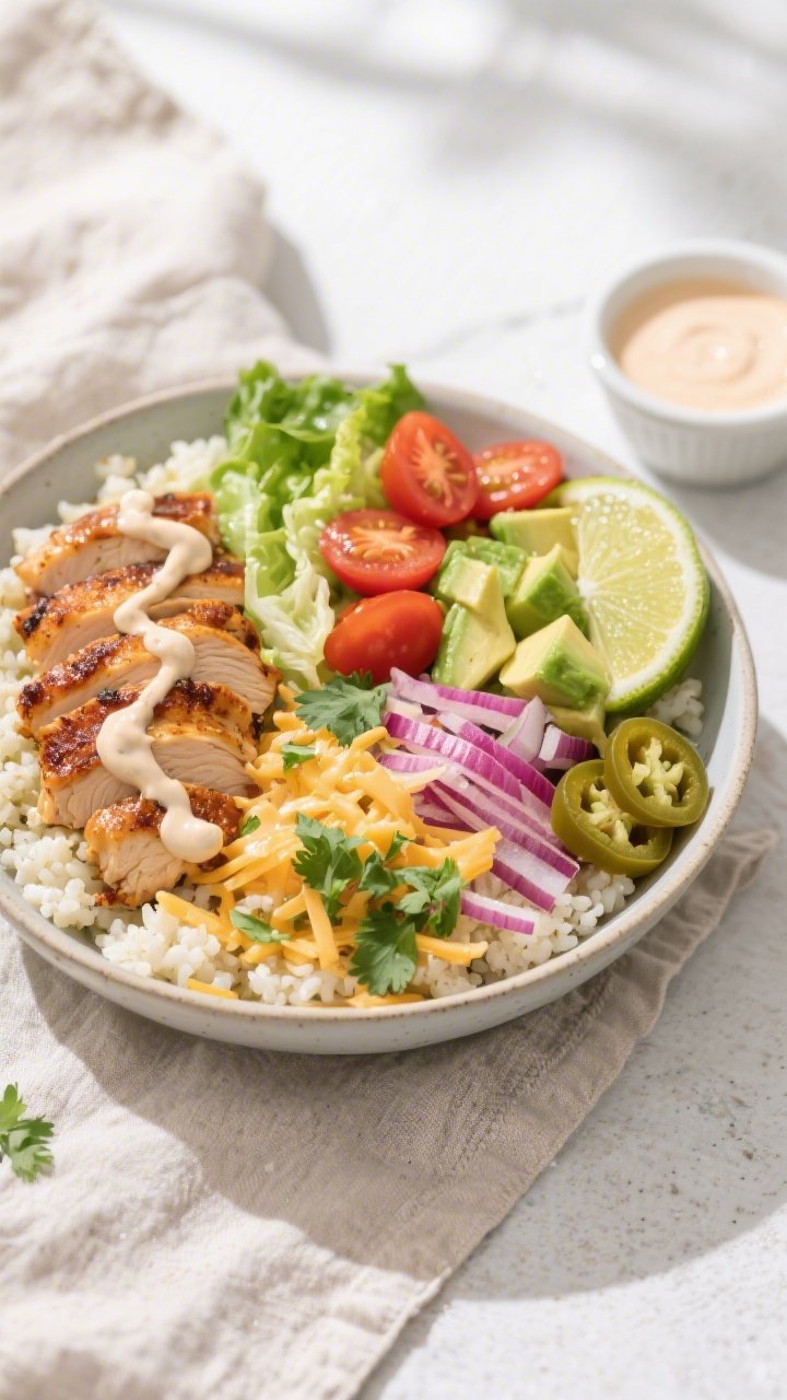 Tasty top view — assembled keto burrito bowl: Overhead shot of a Keto Chipotle Chicken Burrito Bow