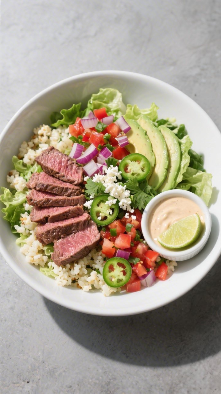Tasty top view — Assembling the bowl: Overhead shot of a vibrant Keto Street Taco Bowl with a base