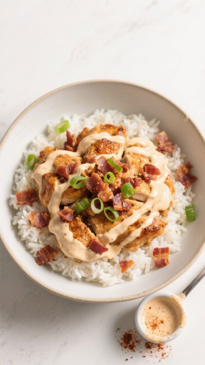 Tasty top view bowl: Overhead shot of crack chicken served in a wide, shallow bowl over fluffy white