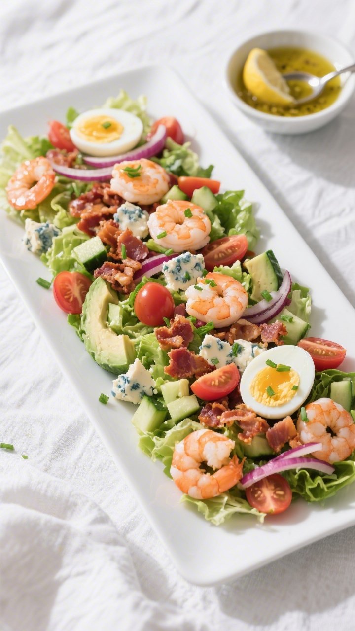 Tasty top view, composed salad: Overhead shot of Shrimp Cobb Salad arranged in neat rows on a wide, 