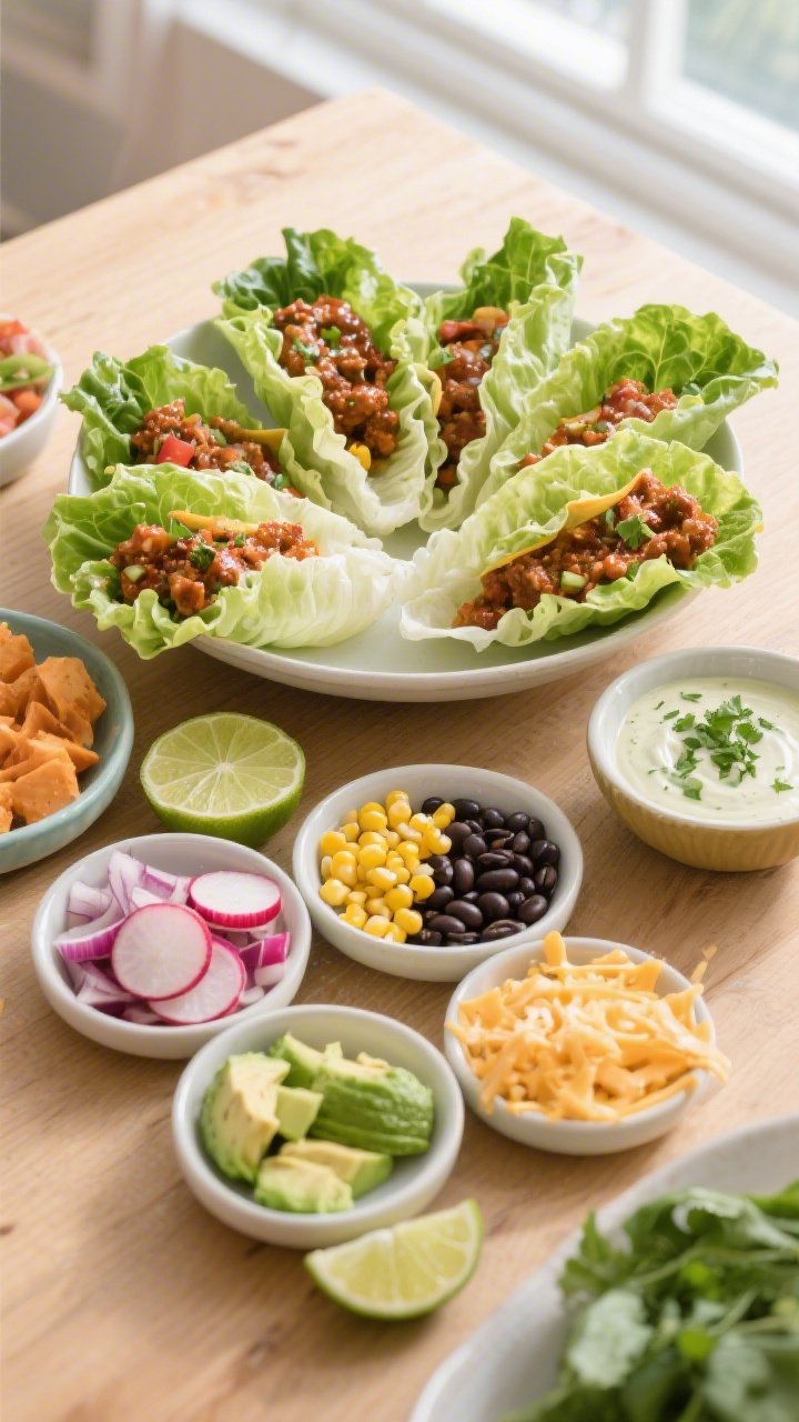 Tasty top view, family-style spread: Overhead shot of a build-your-own Taco Lettuce Wraps setup—ch