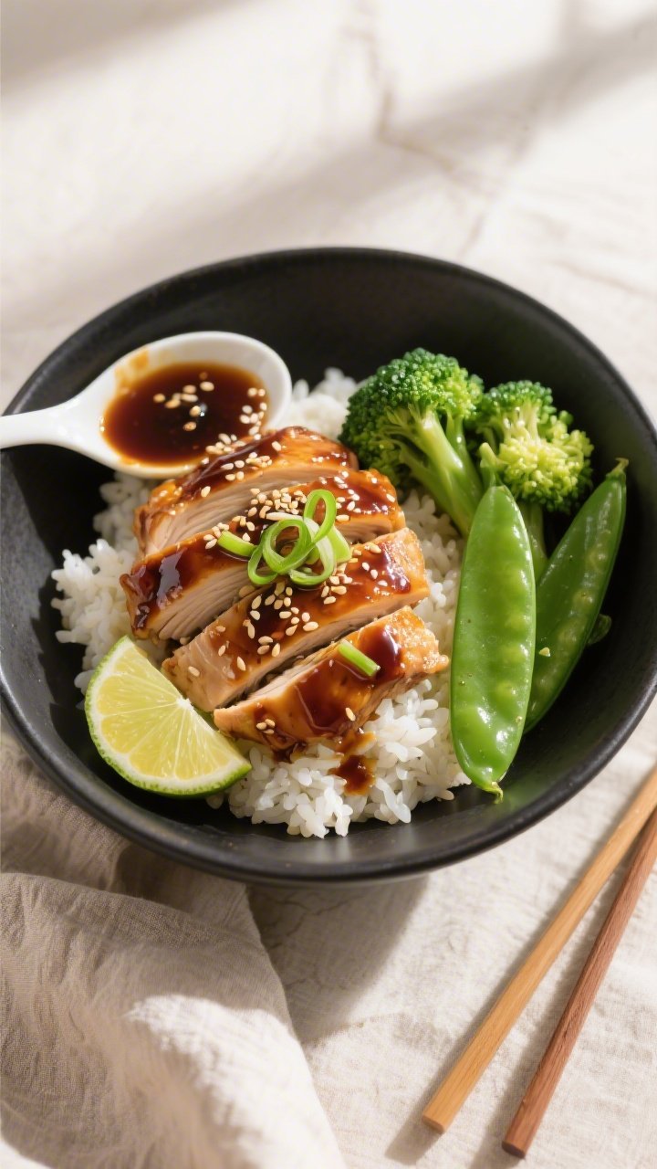 Tasty top view, final dish: Overhead shot of Million Dollar Teriyaki Chicken sliced against the grai