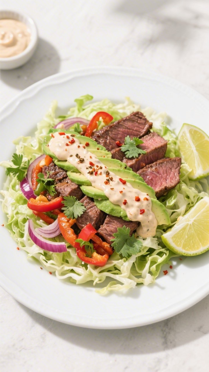 Tasty top view: Finished Keto Carne Asada Plate arranged on a wide white rimmed plate—bed of crisp