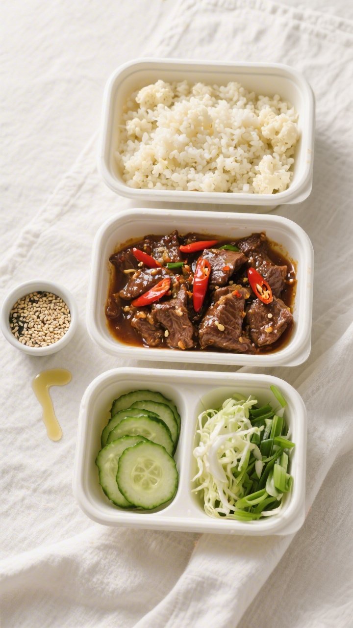 Tasty top view for meal-prep: Overhead shot of three neatly arranged meal-prep containers; one with 