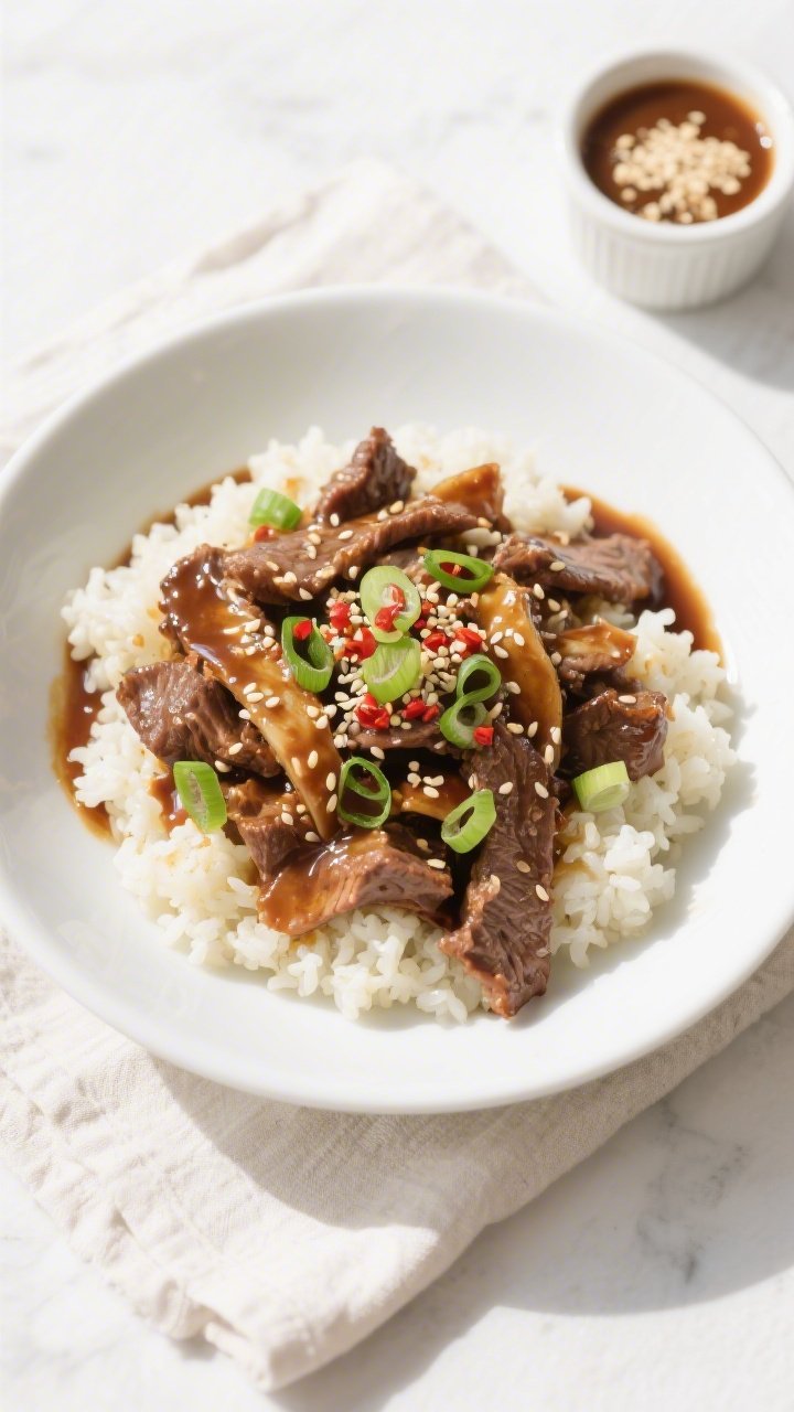 Tasty top view, meal-prep friendly: Overhead shot of the finished Mongolian beef served over fluffy 