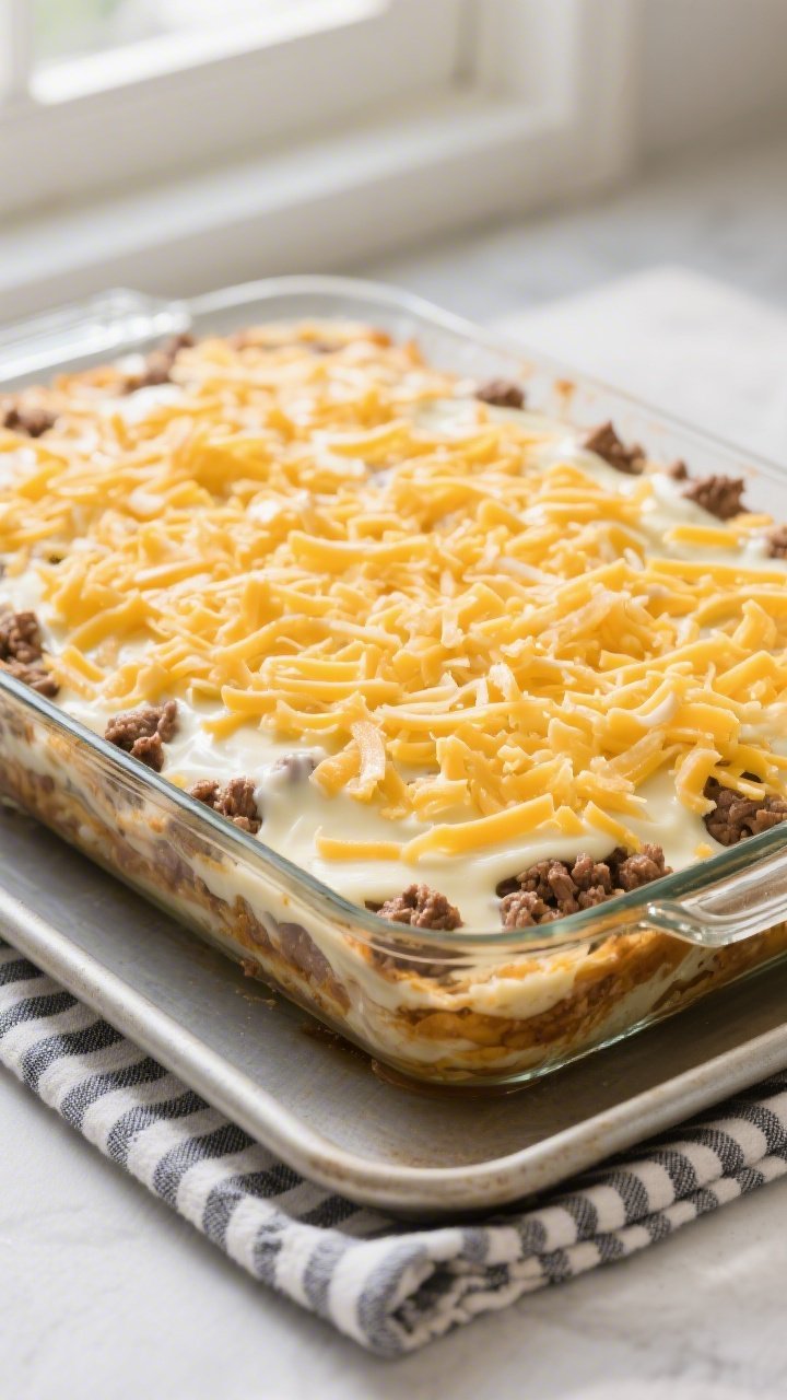 Tasty top view of assembled pre-bake casserole: Overhead shot of a 9x13 baking dish layered with the