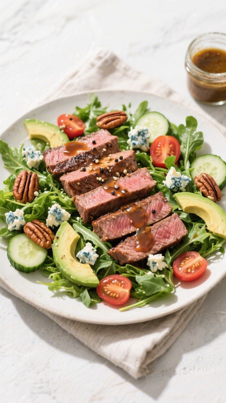 Tasty top view — Overhead final presentation of Grilled Steak Salad With Blue Cheese: vibrant bed 
