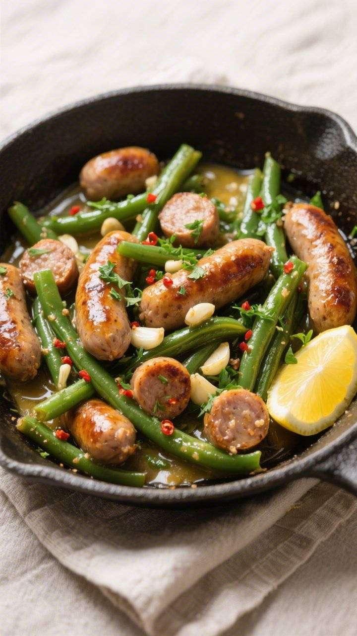 Tasty top view, overhead: Garlic Butter Sausage with Green Beans fully combined in the skillet, coat