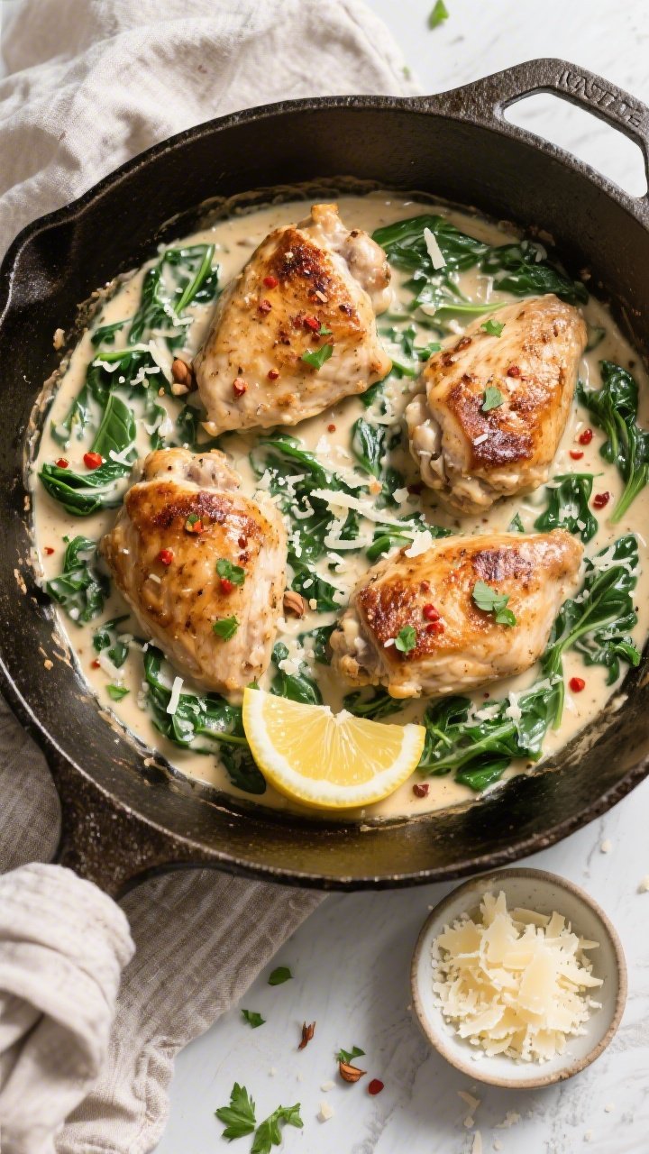 Tasty top view, overhead: One-pan Keto Creamed Spinach Chicken Skillet just finished on the stove—