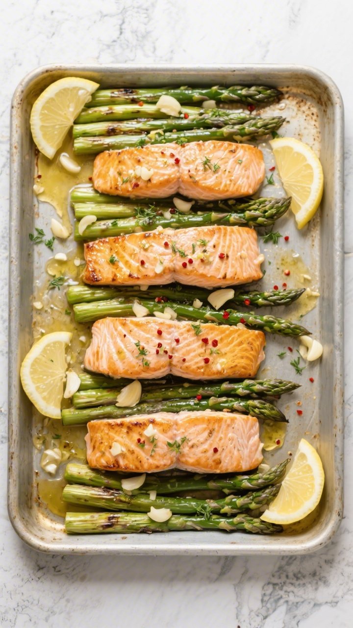 Tasty top view, overhead sheet-pan presentation: Overhead shot of the finished one-pan garlic butter