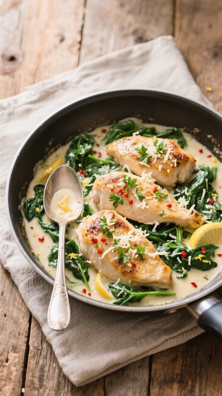 Tasty top view, overhead shot: Chicken Florentine in a wide shallow pan, cutlets nestled into a crea