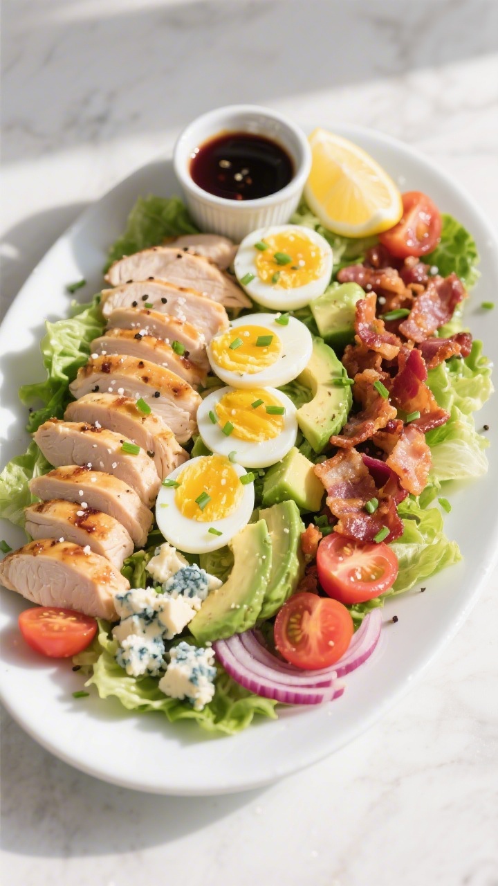 Tasty top view: Overhead shot of a classic Keto Cobb Salad arranged in neat rows over chopped romain