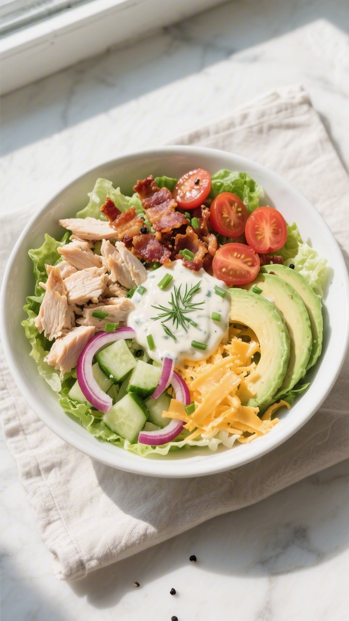 Tasty top view: Overhead shot of a composed Keto Bacon Chicken Ranch Bowl in a wide white ceramic bo
