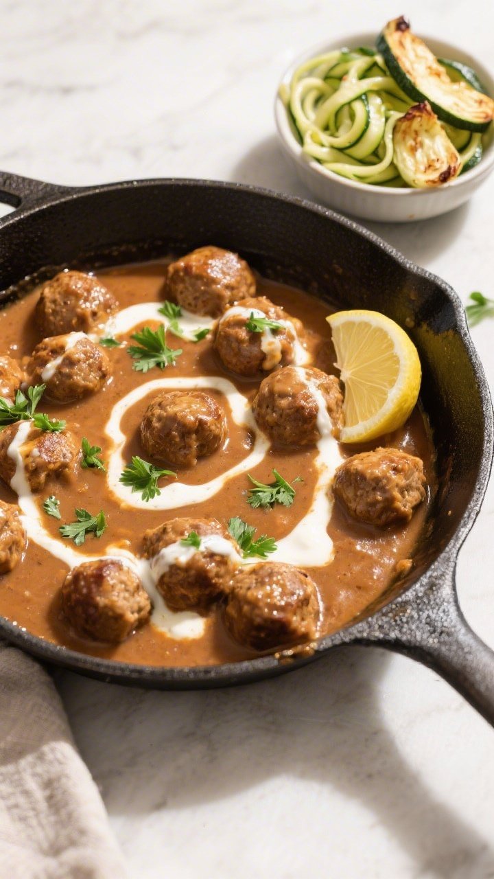 Tasty top view: Overhead shot of a family-style skillet filled with finished keto Swedish meatballs 