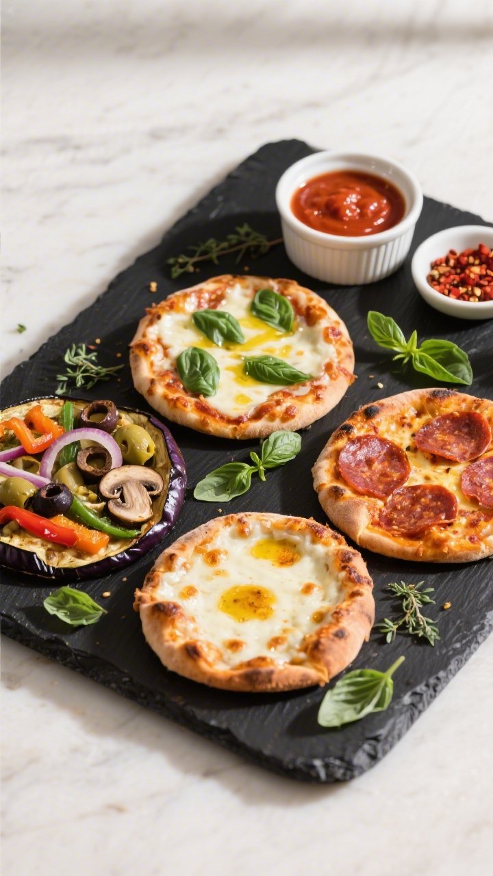 Tasty top view: Overhead shot of a final platter of assorted eggplant pizza rounds—Margherita (bas