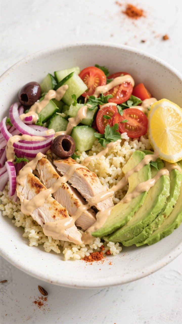 Tasty top view: Overhead shot of a fully assembled Keto Shawarma Bowl on matte white ceramic, neat q