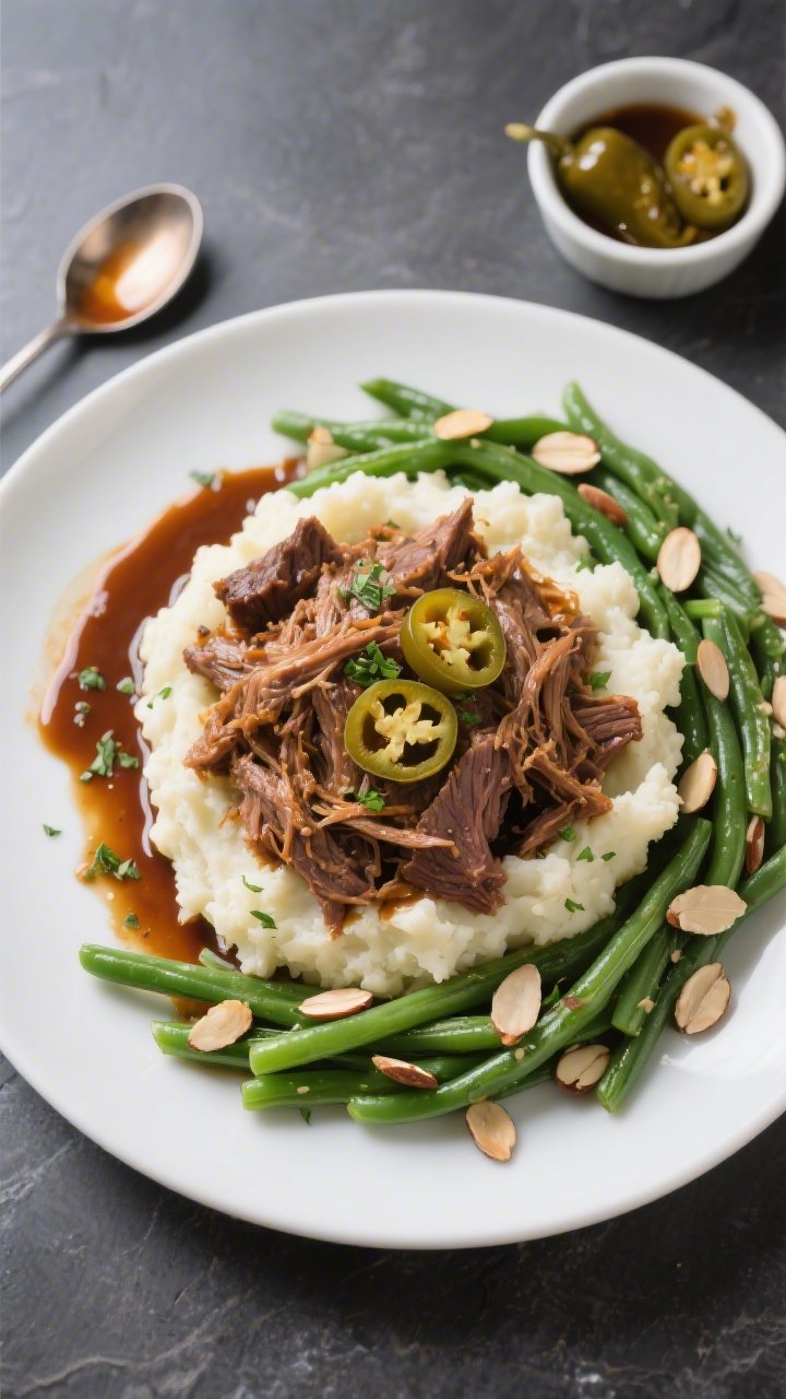 Tasty top view: Overhead shot of a generously sauced mound of shredded Mississippi pot roast over cr