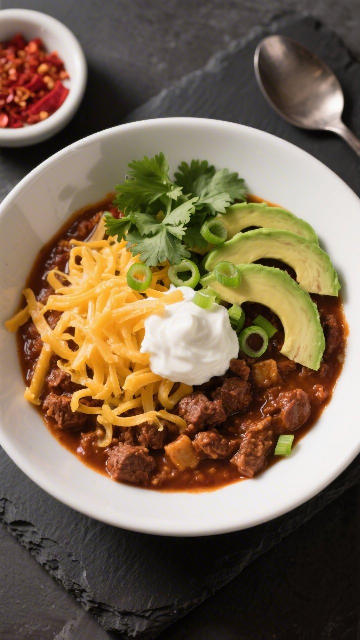 Tasty top view: Overhead shot of a hearty bowl of keto chili, richly thick and meaty, topped with a