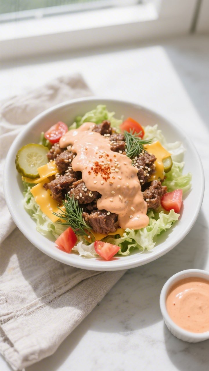 Tasty top view: Overhead shot of a Keto Big Mac Bowl assembled in a wide, white shallow bowl—crisp