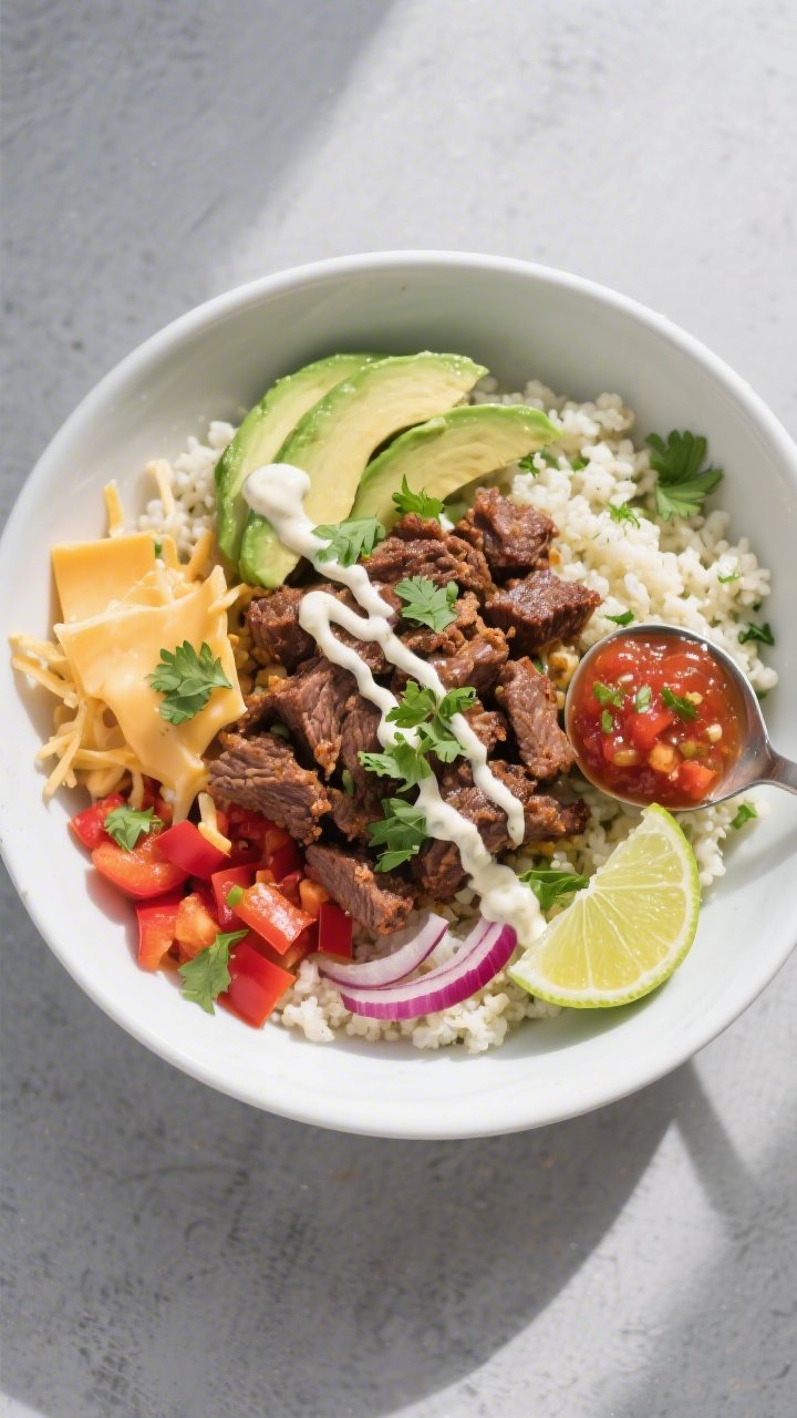 Tasty top view: Overhead shot of a Keto Burrito Bowl assembled on a wide white bowl—base of fluffy