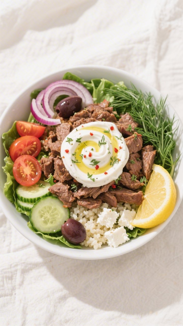 Tasty top view: Overhead shot of a Keto Gyro Bowl assembled on mixed greens with a warm cauliflower 
