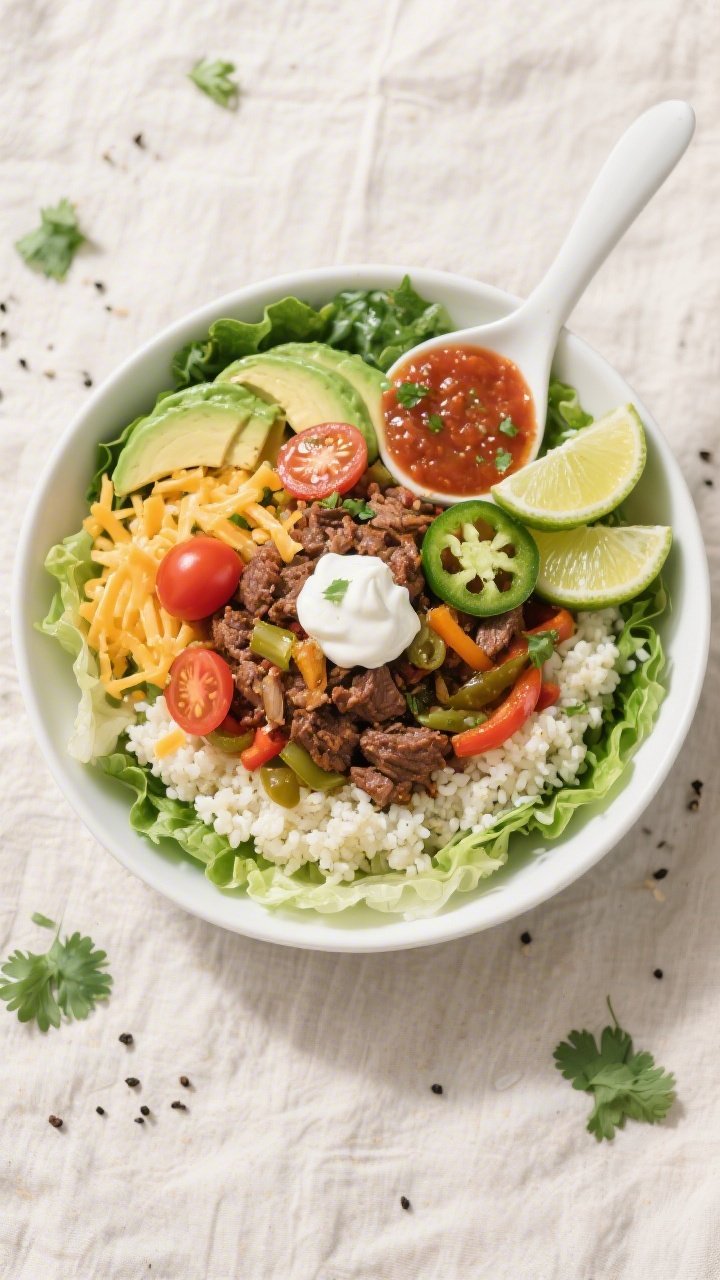 Tasty top view: Overhead shot of a Loaded Keto Burrito Bowl layered on crisp chopped romaine with a
