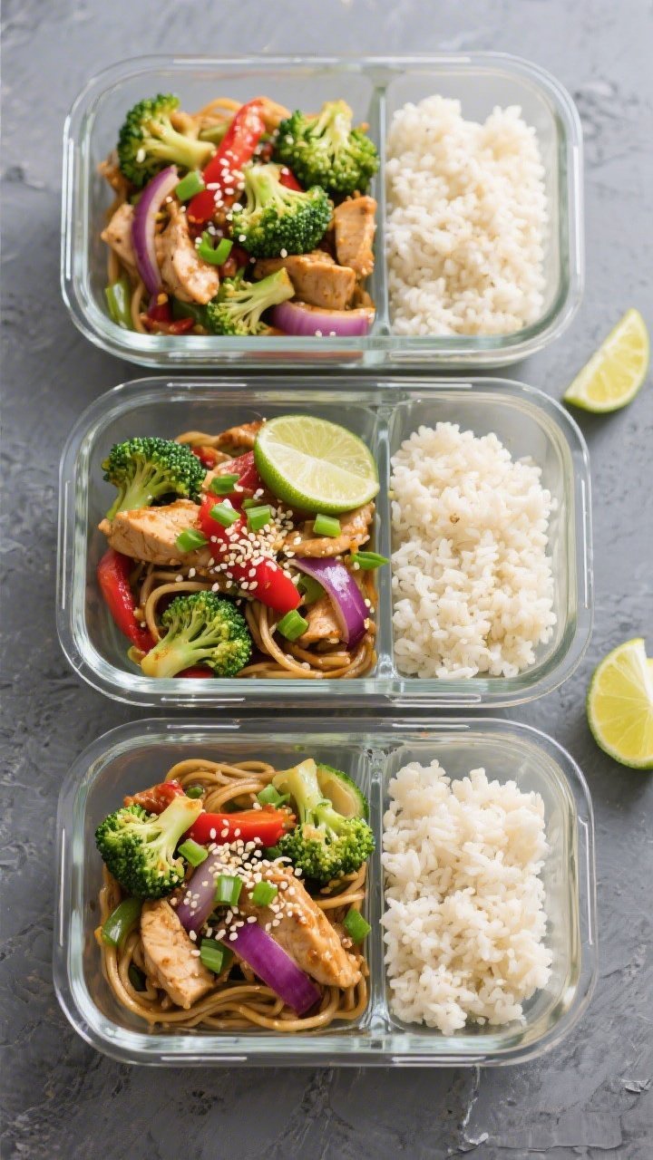 Tasty top view: Overhead shot of a meal-prep spread—three airtight glass containers filled with th