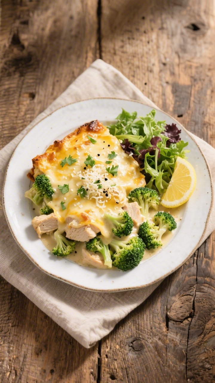 Tasty top view: Overhead shot of a plated serving of Keto Alfredo Bake with Broccoli—chunky pieces