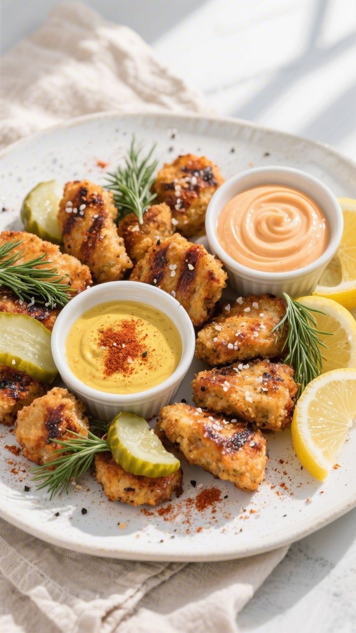 Tasty top view: Overhead shot of a platter of keto grilled nuggets arranged in a loose spiral on a m