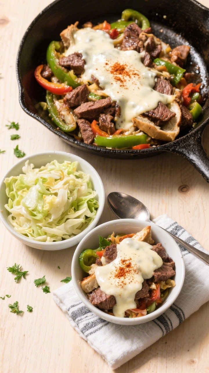 Tasty top view: Overhead shot of a skillet-to-bowl service scene—two bowls of Keto Philly Cheesest