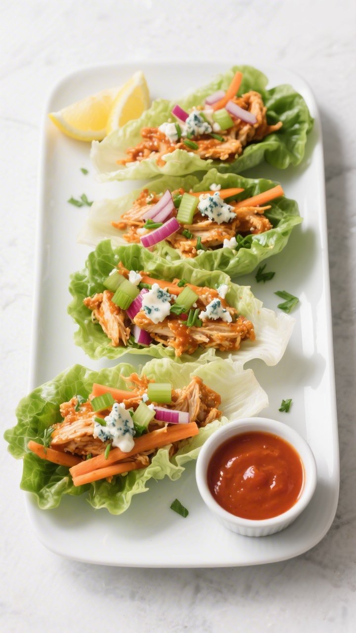 Tasty top view: Overhead shot of assembled Buffalo Chicken Lettuce Boats lined on a white rectangula