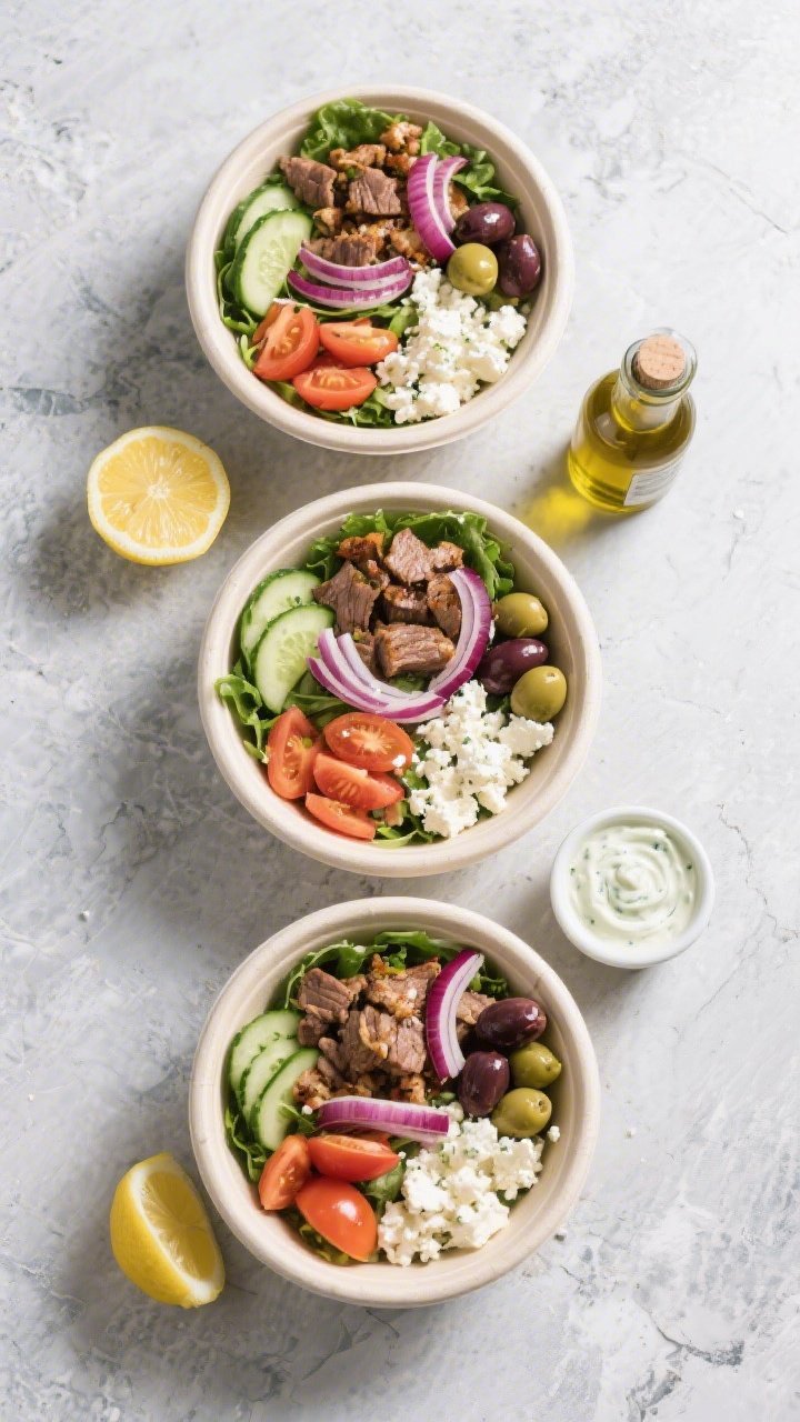 Tasty top view: Overhead shot of assembled gyro bowls for meal prep—three containers arranged on a