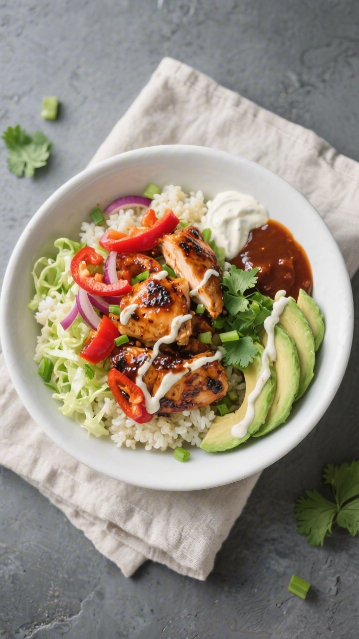 Tasty top view: Overhead shot of assembled Keto BBQ Chicken Bowl—bed of slightly firm cauliflower 