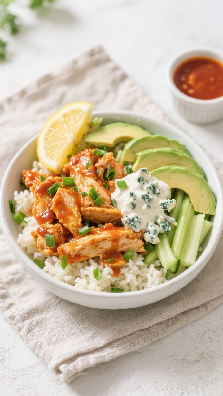 Tasty top view: Overhead shot of assembled Keto Buffalo Chicken Bowl—fluffy cauliflower rice base 