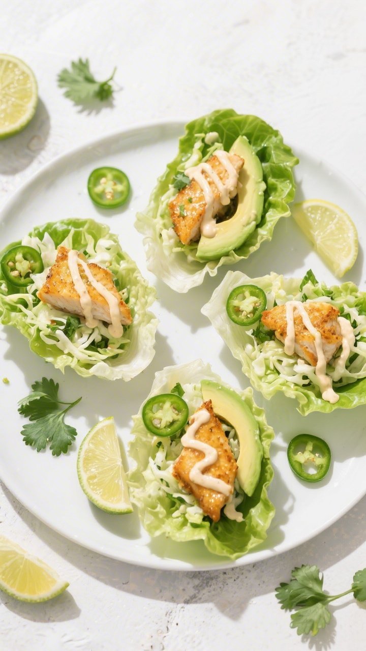 Tasty top view: Overhead shot of assembled Keto Fish Taco lettuce wraps on a matte white platter—c