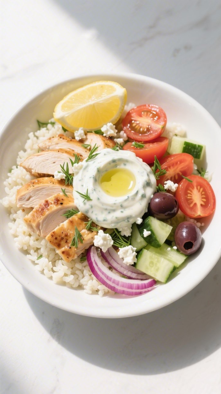 Tasty top view: Overhead shot of assembled Keto Greek Chicken Bowl on matte white wide-rim bowl—be