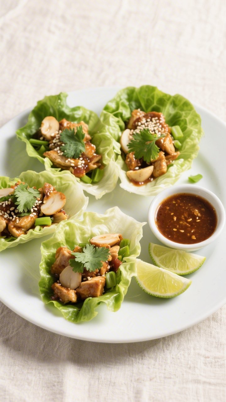 Tasty top view: Overhead shot of assembled Low Carb PF Chang’s Lettuce Wraps on a matte white plat