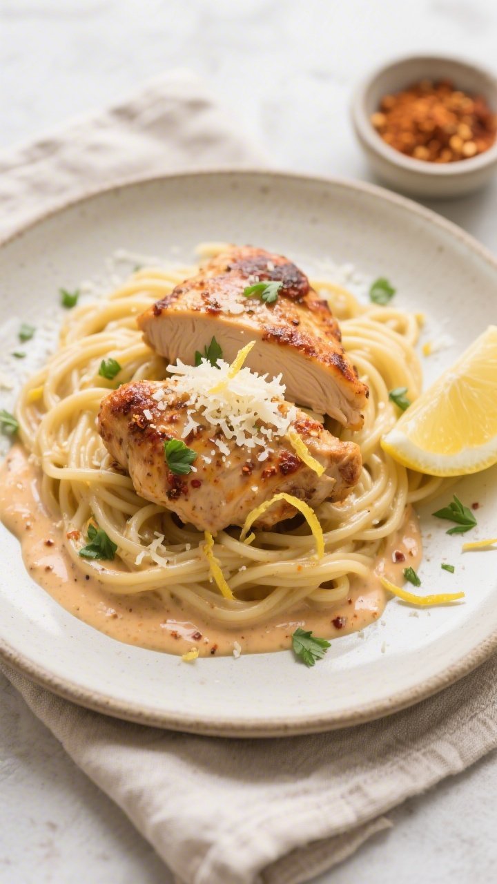 Tasty top view: Overhead shot of Cajun chicken with cream sauce served over buttered noodles, each p