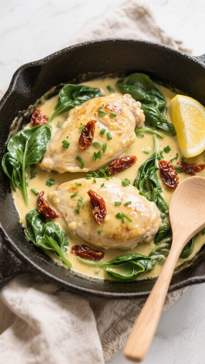 Tasty top view: Overhead shot of Creamy Dijon Chicken Skillet just finished on the stove—chicken n