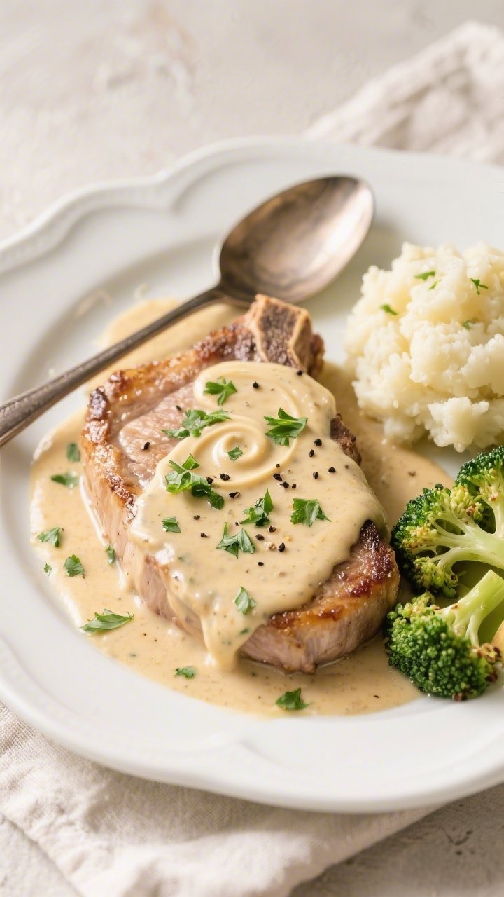 Tasty top view: Overhead shot of creamy smothered keto pork chops plated with a generous ladle of sa