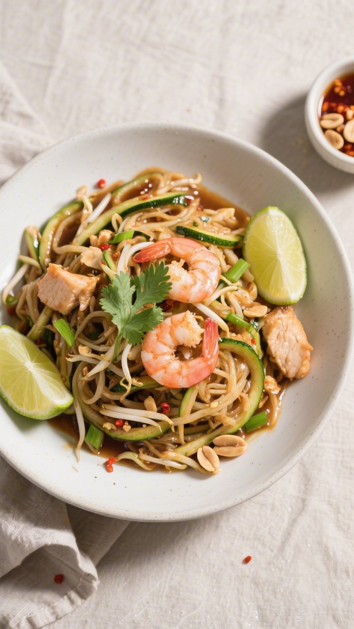 Tasty top view — Overhead shot of finished Zucchini Noodle Pad Thai: tangled glossy zoodles coated